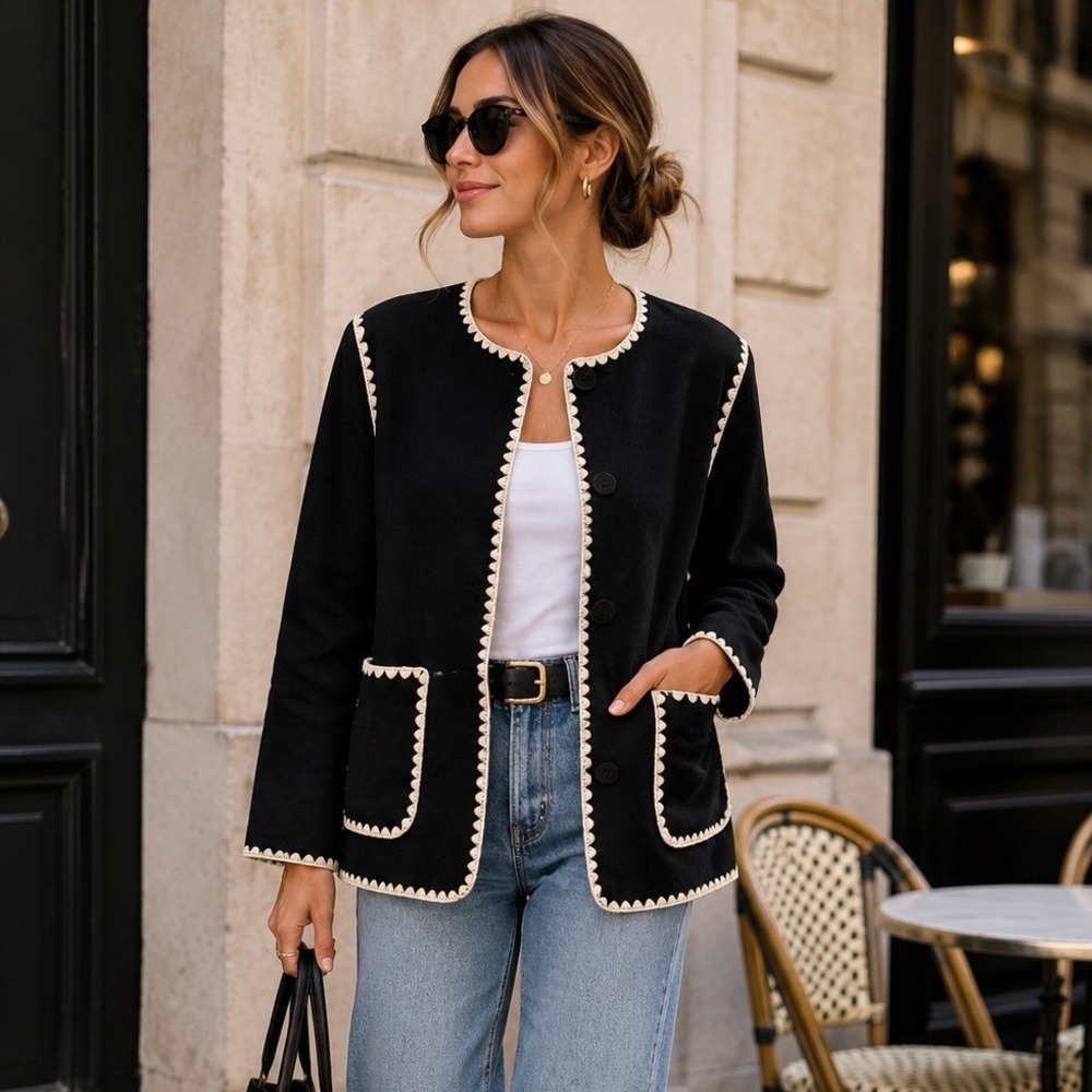 NWT Commense Black Contrast Stitch Jacket Cardigan Blazer Quiet Luxury SZ L